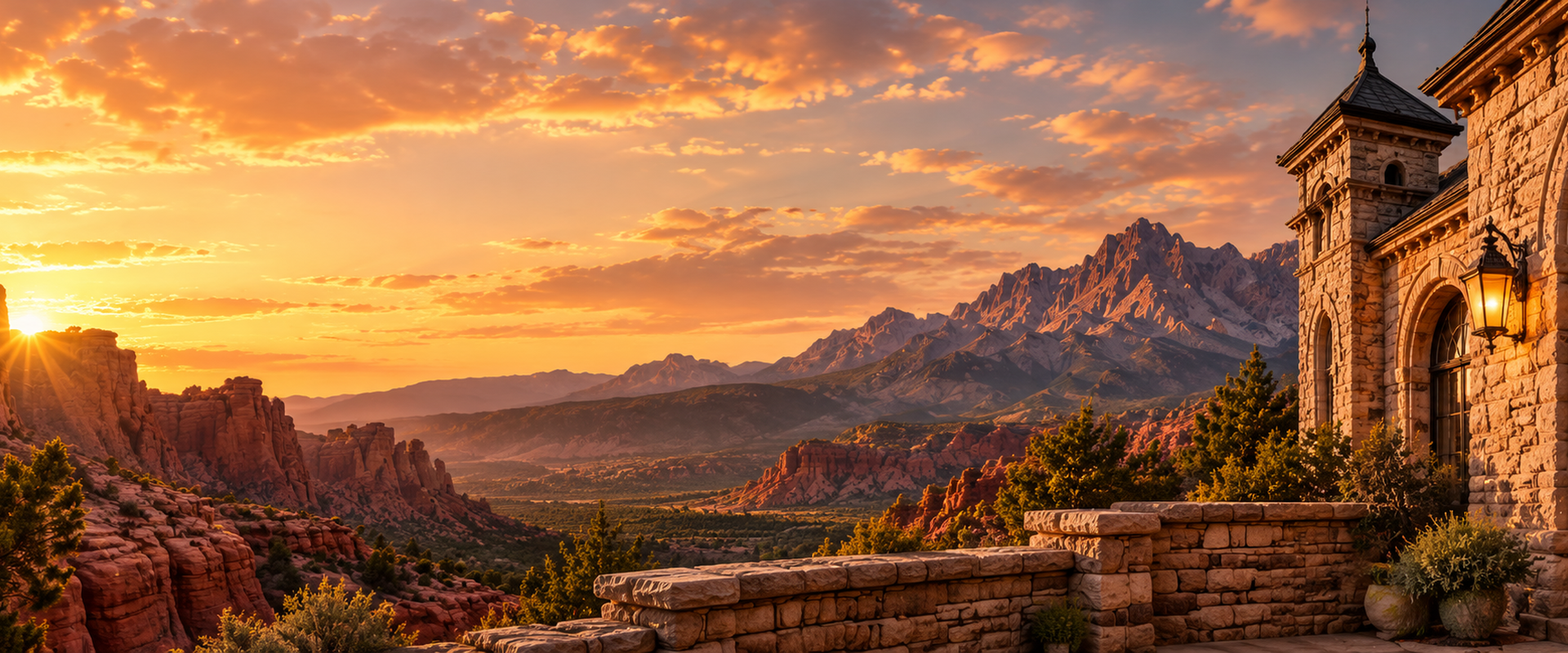 Historic Utah stone and brick architecture framed by western mountains