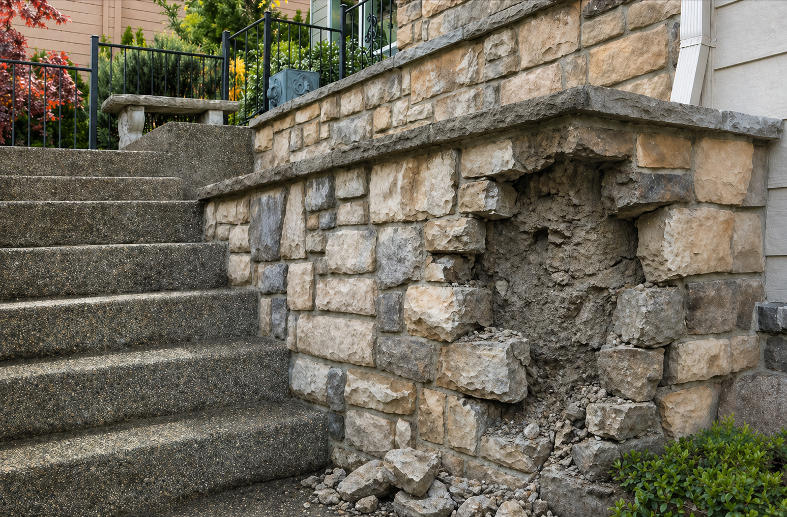 Stone veneer wall before repair